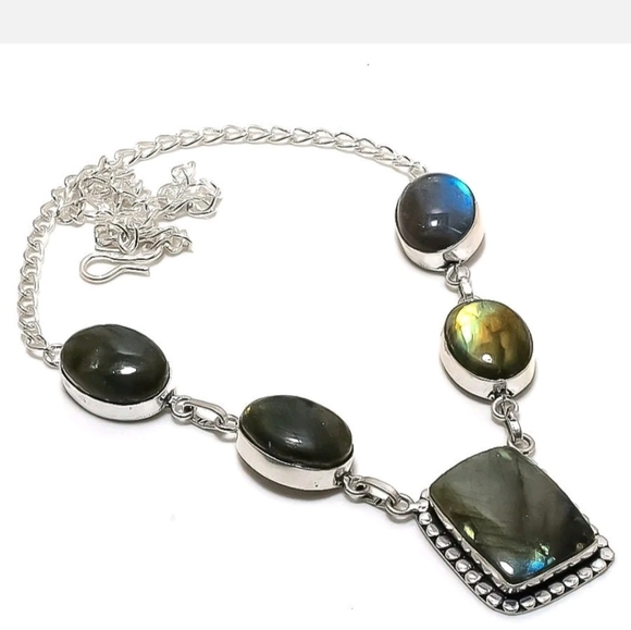 Sterling Silver antiqued genuine stunning flash labradorite boho necklace 18" - Picture 2 of 2
